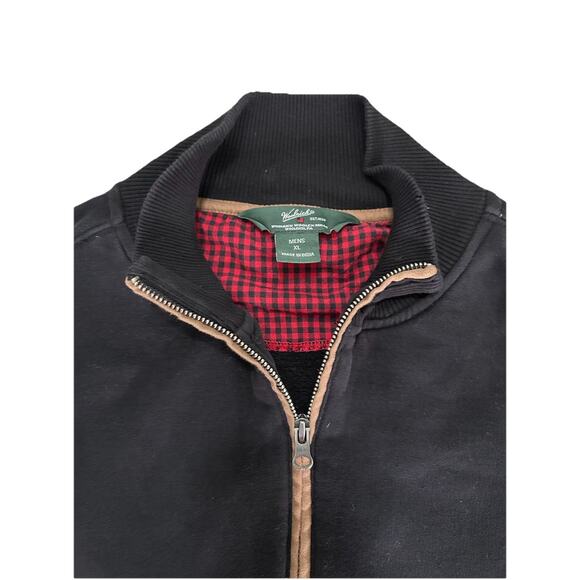 Woolrich Boysen Black Half Zip Pullover Sweater Brown Elbow Patches Men’s XL - Picture 3 of 7